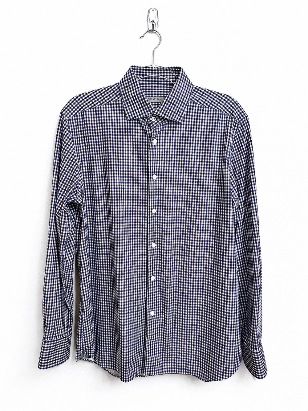 Corneliani Navy/Brown Gingham Button-Down Stretch Dress Shirt